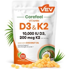 VEV Corefeel Vitamin D3 K2 10,000 IU, 200 mcg 300 Count (Pack of 1), White -