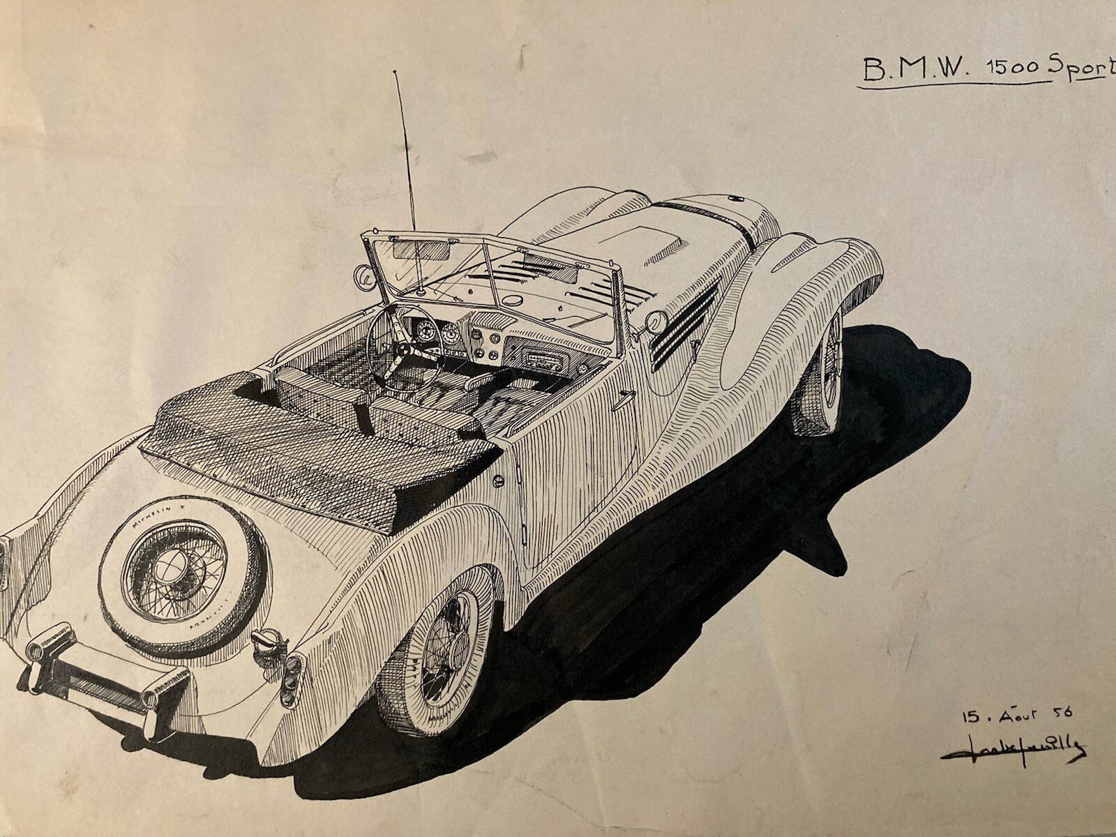 Beautiful Ink Drawing Paper Design Car BMW 328 1956 Automobile 1500 Sport Art