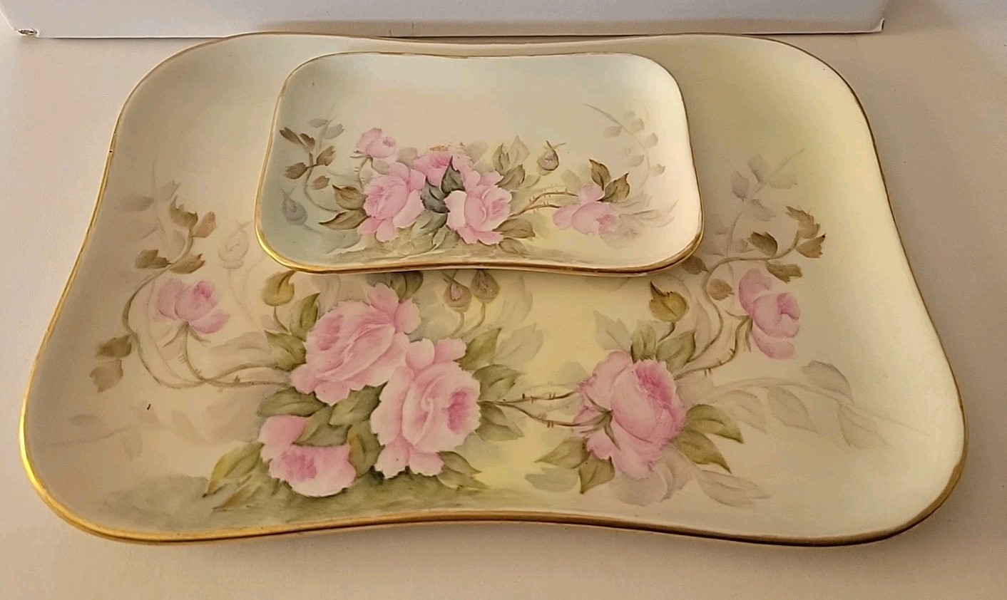 2 Antique T&V Limoges Made In France Hand Painted Dresser Trays Matching 1920