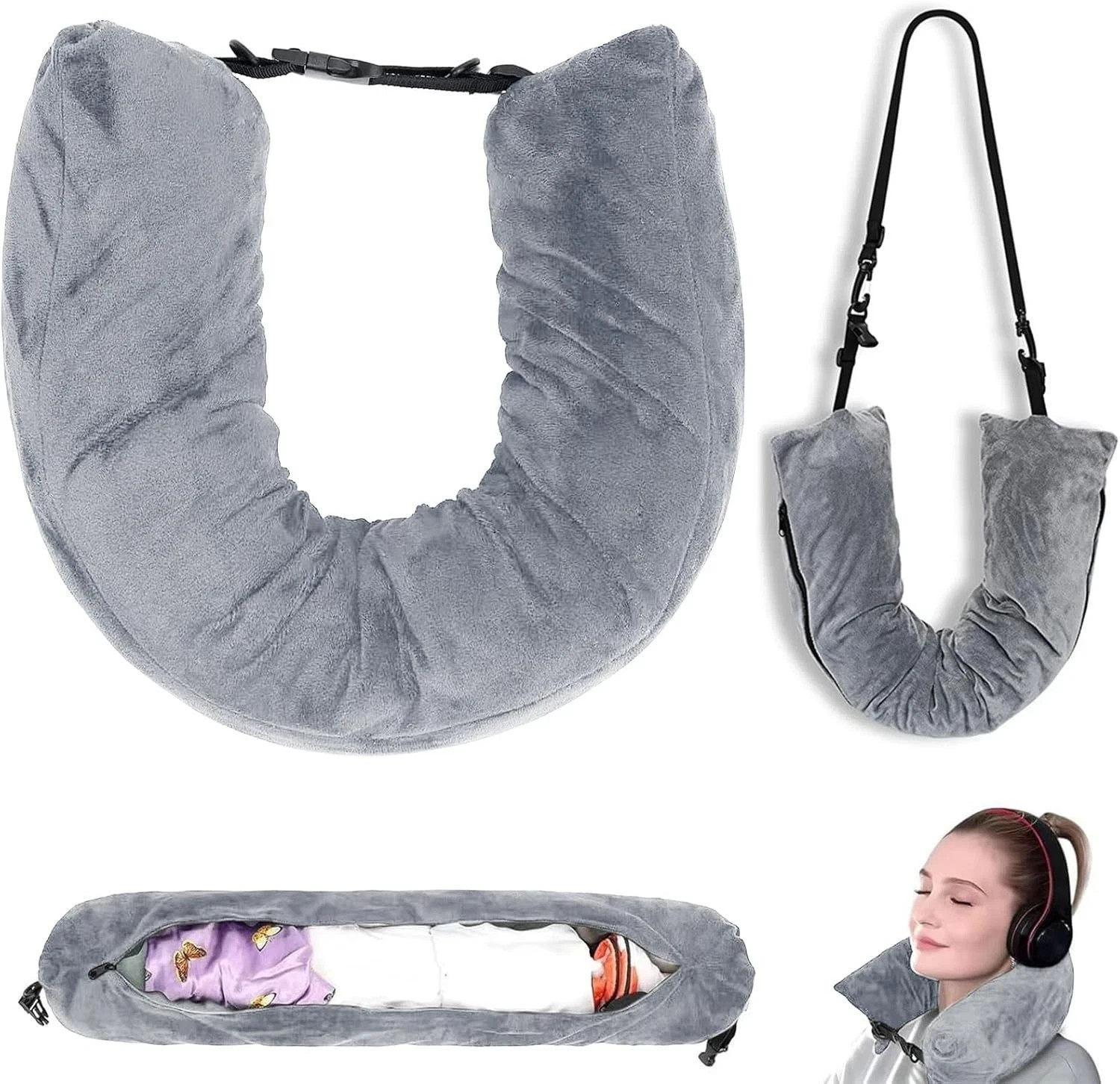 Stuffable Travel Pillow for Extra Luggage, Tube Neck Pillow, Soft Velvet Travel