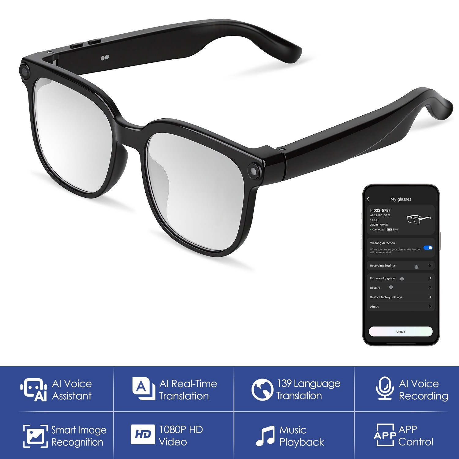 AI Smart Glasses w/ Camera &Audio 1080P HD Real Time Translation Voice Assistant