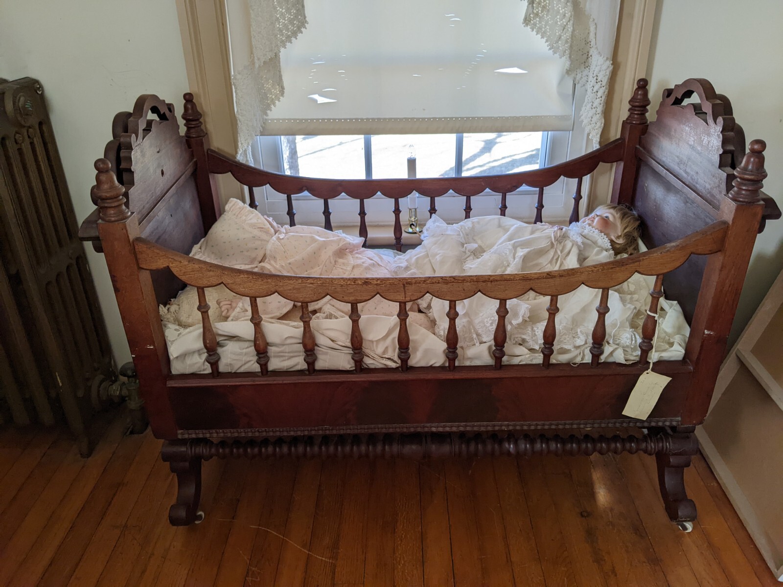 Antique 1800's Wooden Walnut Victorian Baby Cradle Crib