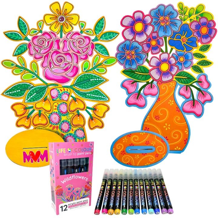 Life of Colour Acrylic Paint Pen Art Kit - 2 Flower in Vase Boards Painting Set