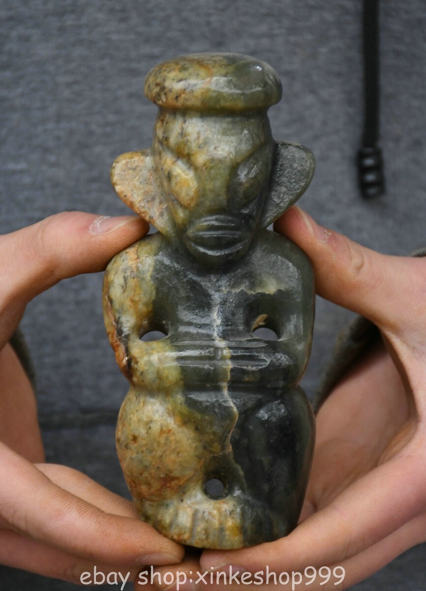 5.2" Chinese Hongshan culture Hetian Jade Carving Sun God People Statue