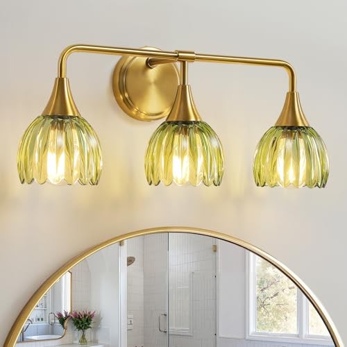 Bathroom Vanity Light Fixtures: 3-Lights Vintage 3 Light with Green Glass Gold