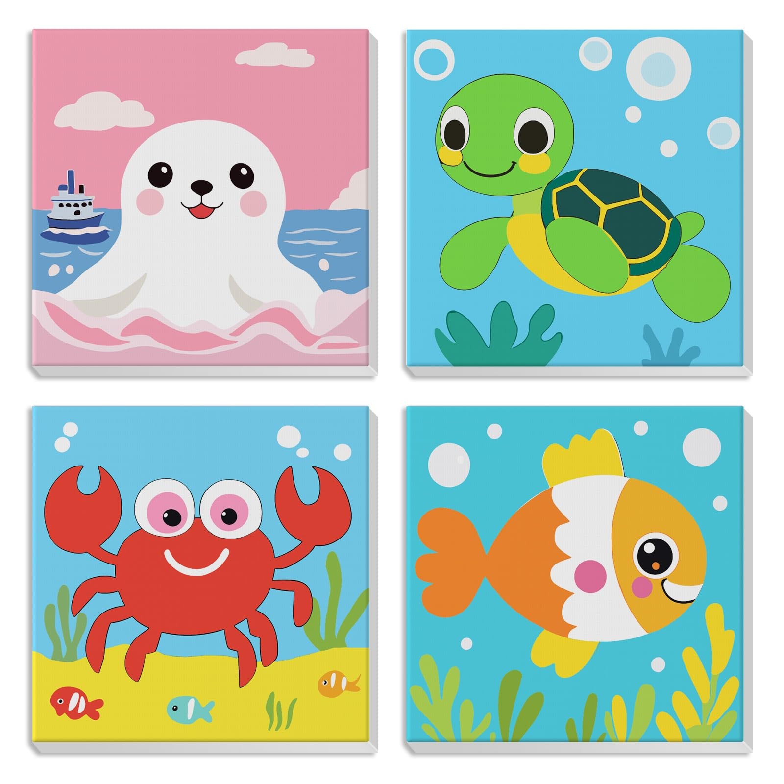 4 Pack Cute Sea Animals Framed Paint By Numbers Kit For Kids DIY Oil Art