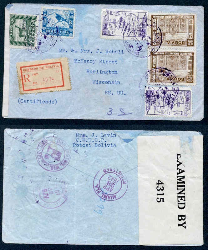 BOLIVIA 1942 REG CENSOR TO USA
