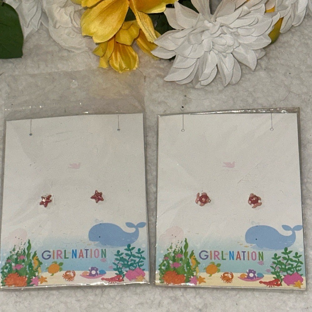 NWT 14k Gold plated Pink Fish and Starfish Girls Earrings Nautical