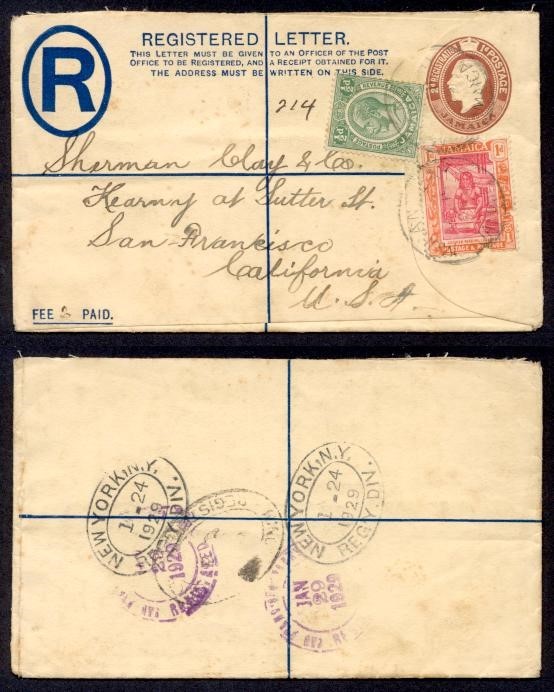 JAMAICA 1929 KGV UPRATED REG ENV TO USA
