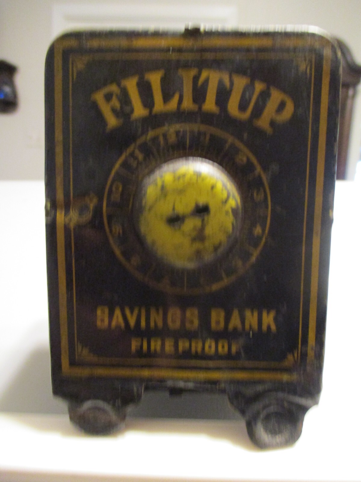Filitup Savings Bank FIREPROOF Black & Gold tin advertising footed bank vault
