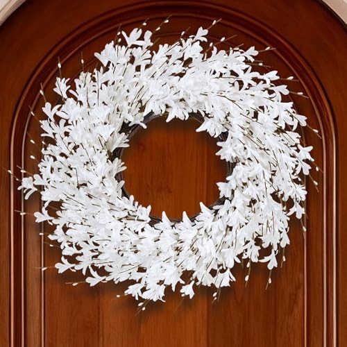  24" Forsythia Wreath Spring Wreath for Front Door, Artificial White 24in-white