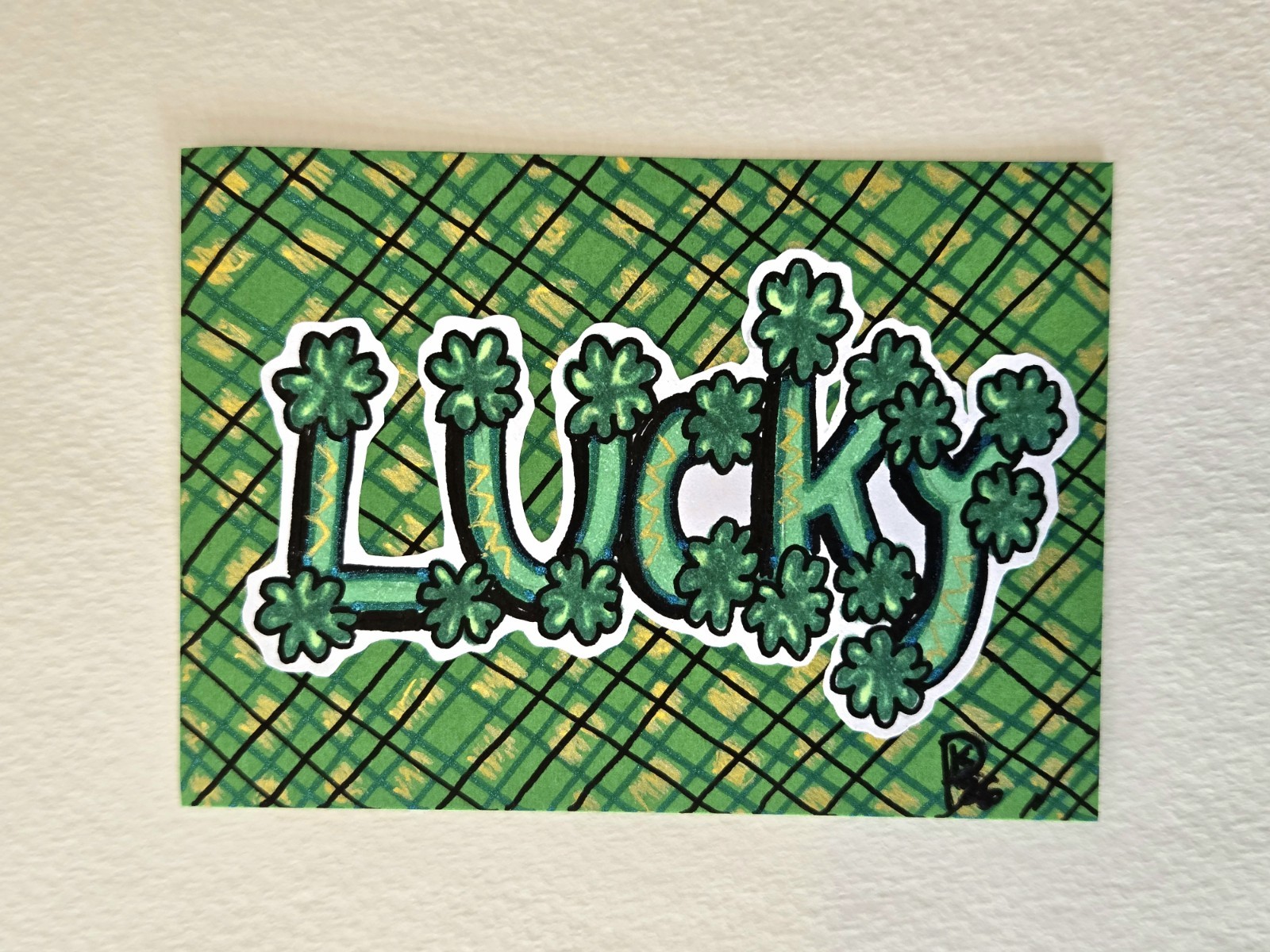 ACEO Original Lucky St. Patrick's Day Calligraphy Green Shamrock Moody Mamma Art
