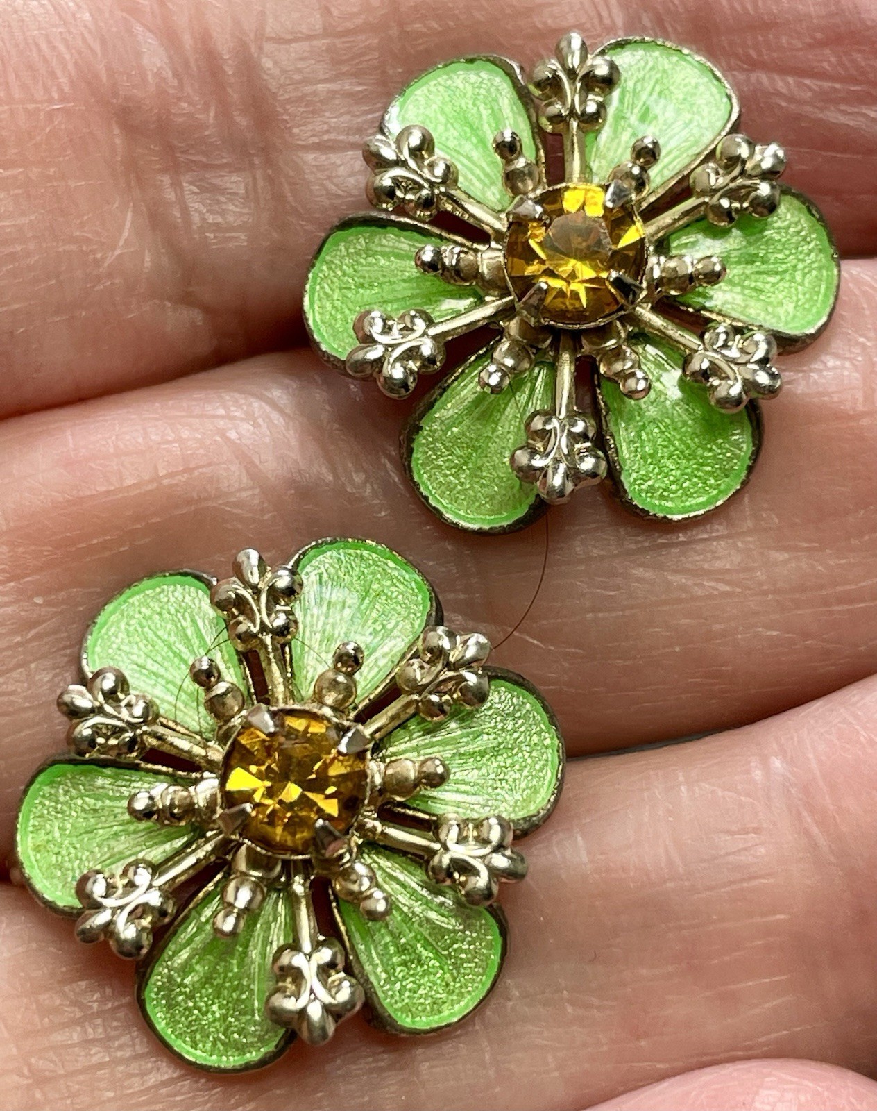 Vintage Green Resin Orange Crystal Rhinestone Flower Screw Back Earrings