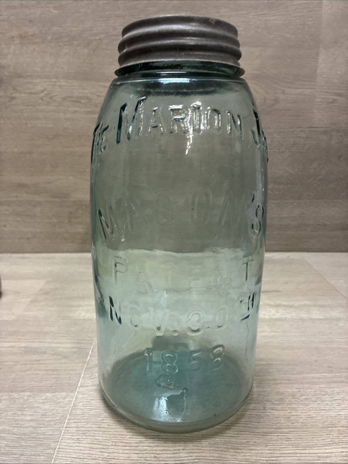 Quart The Marion Jar Mason’s Patent Nov 30th 1858 Aqua Ground Lip Whittle #23