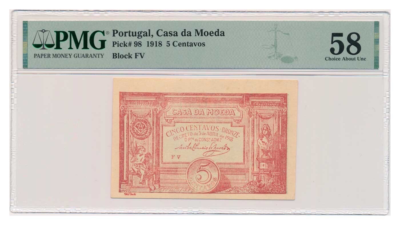 PORTUGAL banknote 5 Centavos 1918 PMG AU 58 Choice About Uncirculated
