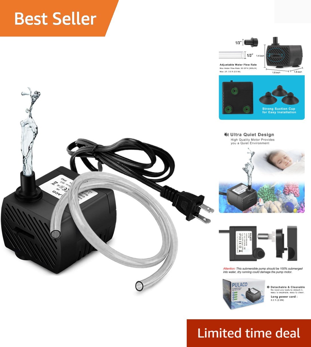 Whisper-Quiet 95GPH Submersible Water Pump with Easy Clean Design for Fish Tanks