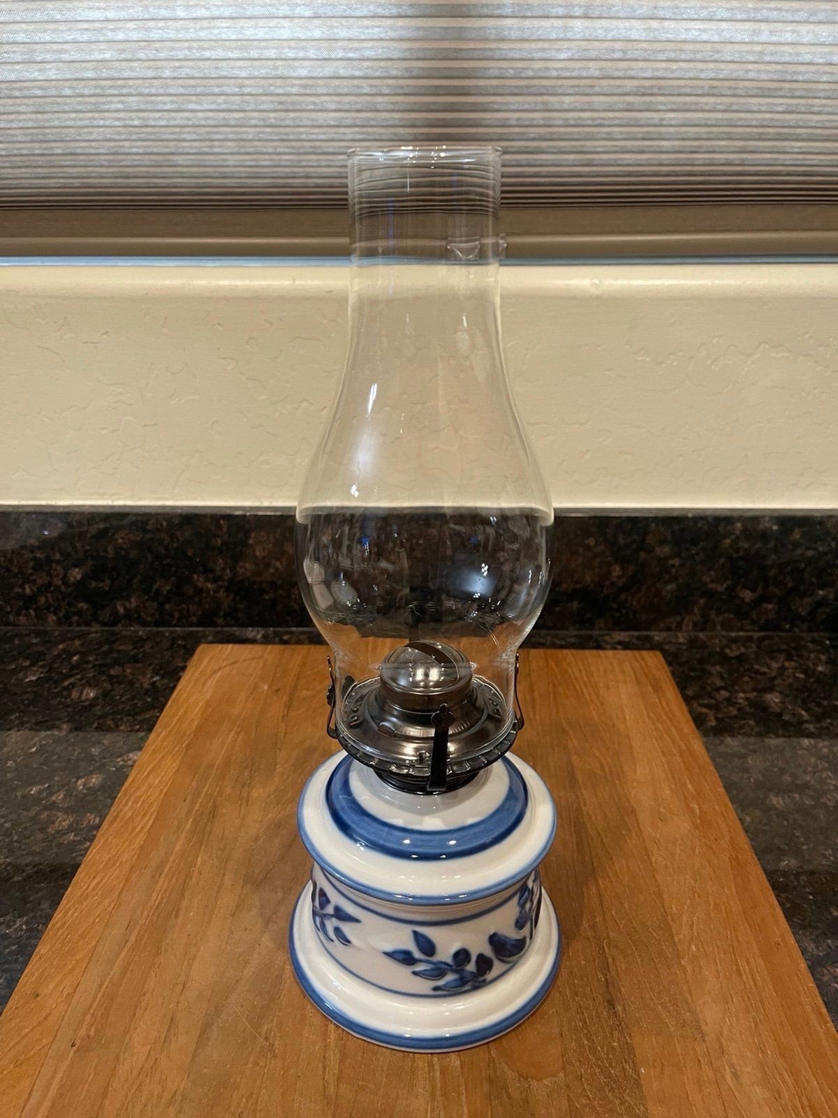 Vintage Lamplight Farms stoneware white and blue oil lamp