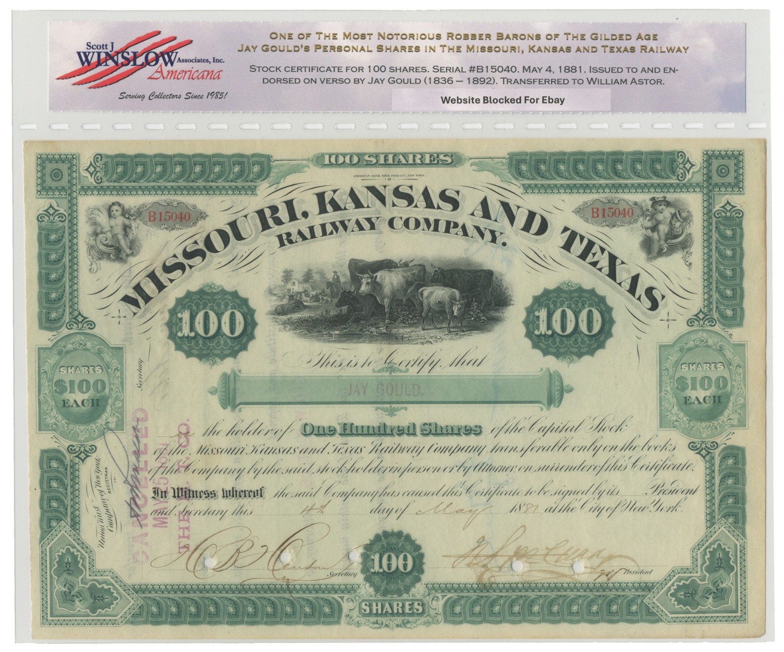 MKT Railway Stock Signed by Jay Gould