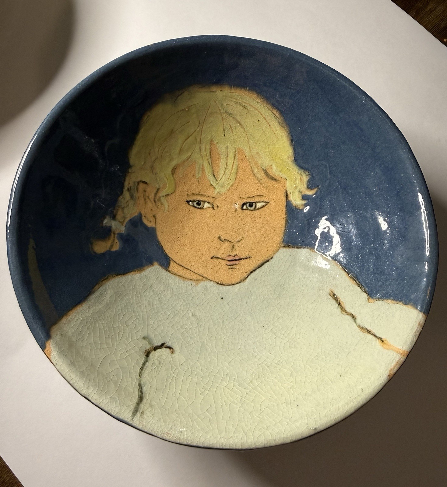 Vintage Studio Art Pottery Bowl 6.75” Hand Painted Child Blue Glaze Folk Art