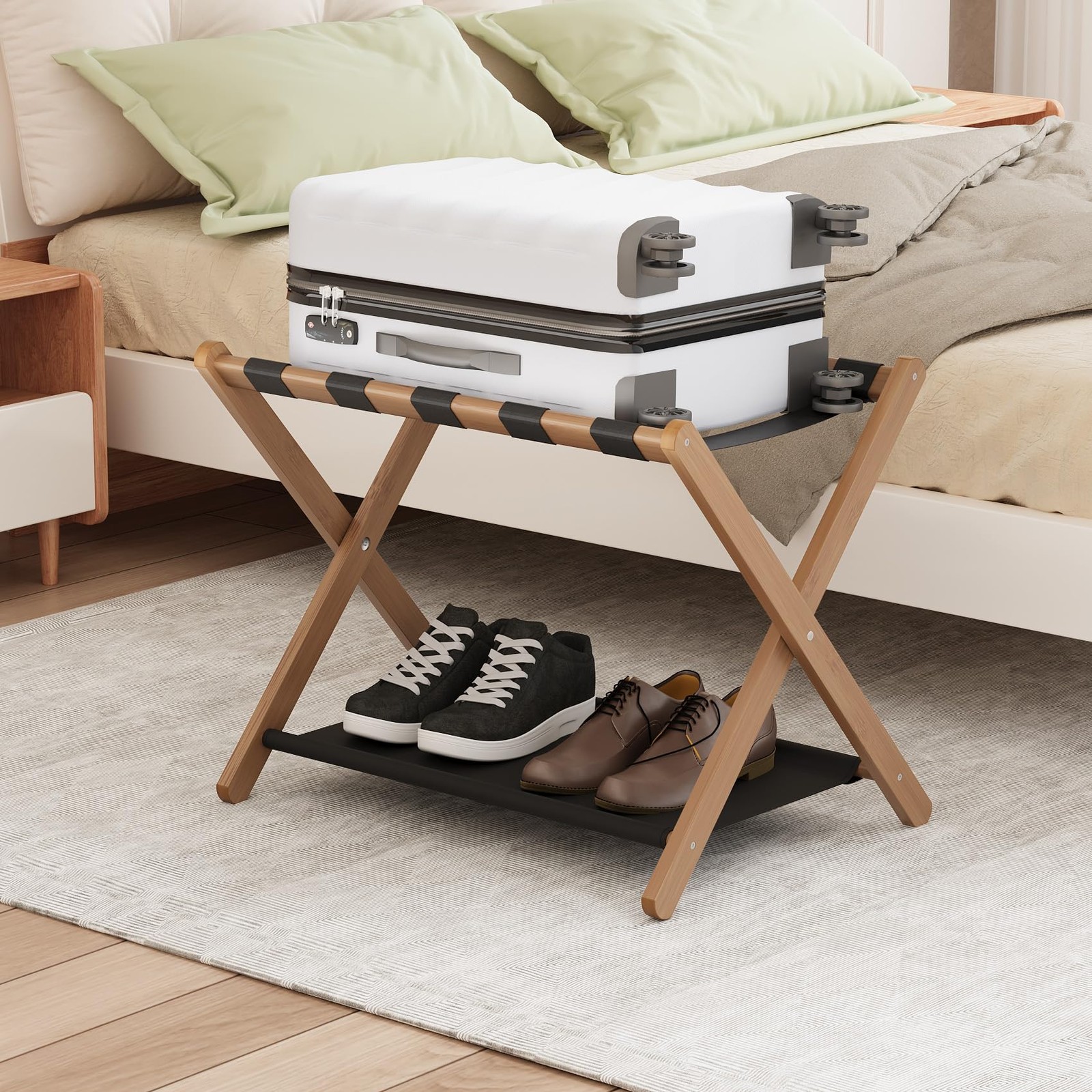 Walnut Bamboo Luggage Rack for Guest Room, Foldable Suitcase Stand with Stora...