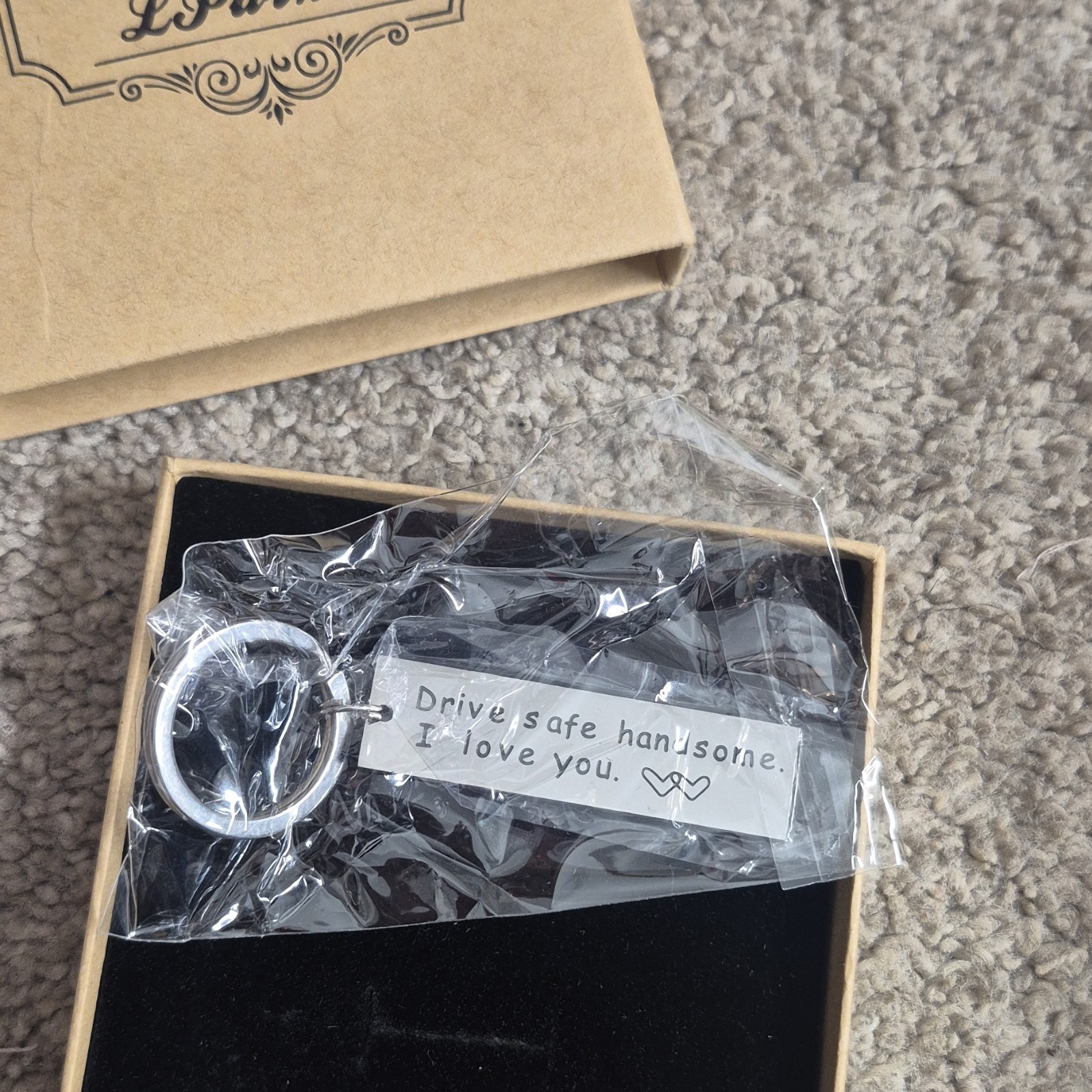 Engraved Silver Metal Keychain Love & Hearts 'Drive Safe Handsome I Love You'