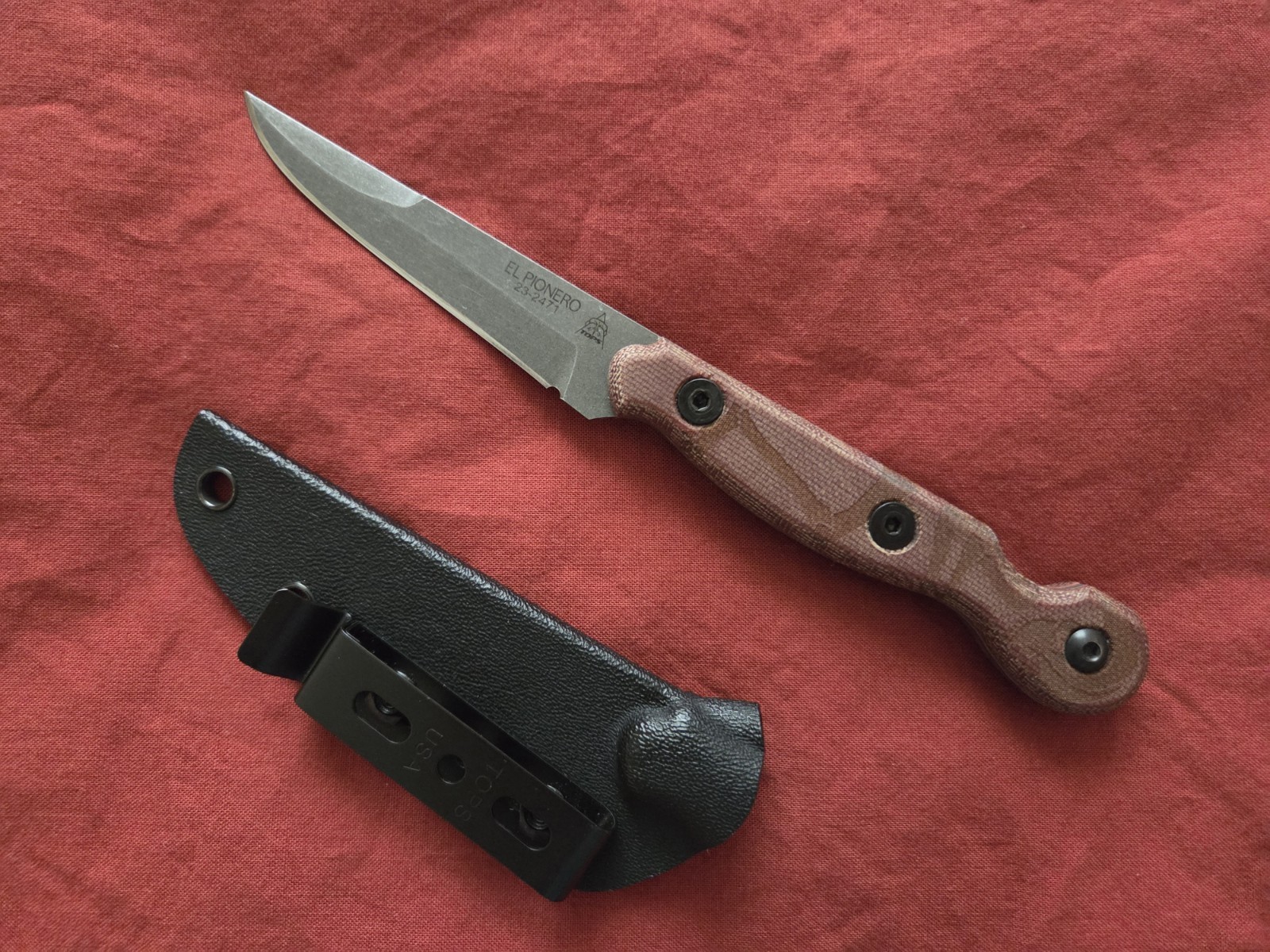 TOPS KNIVES EL PIONERO KNIFE WITH KYDEX SHEATH MICARTA SCALES MADE IN THE USA