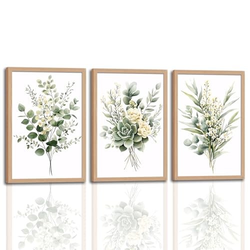 3Pcs Framed Vintage Botanical Wall Art Plant 12x16 Inches Eucalyptus Leaf 3pcs