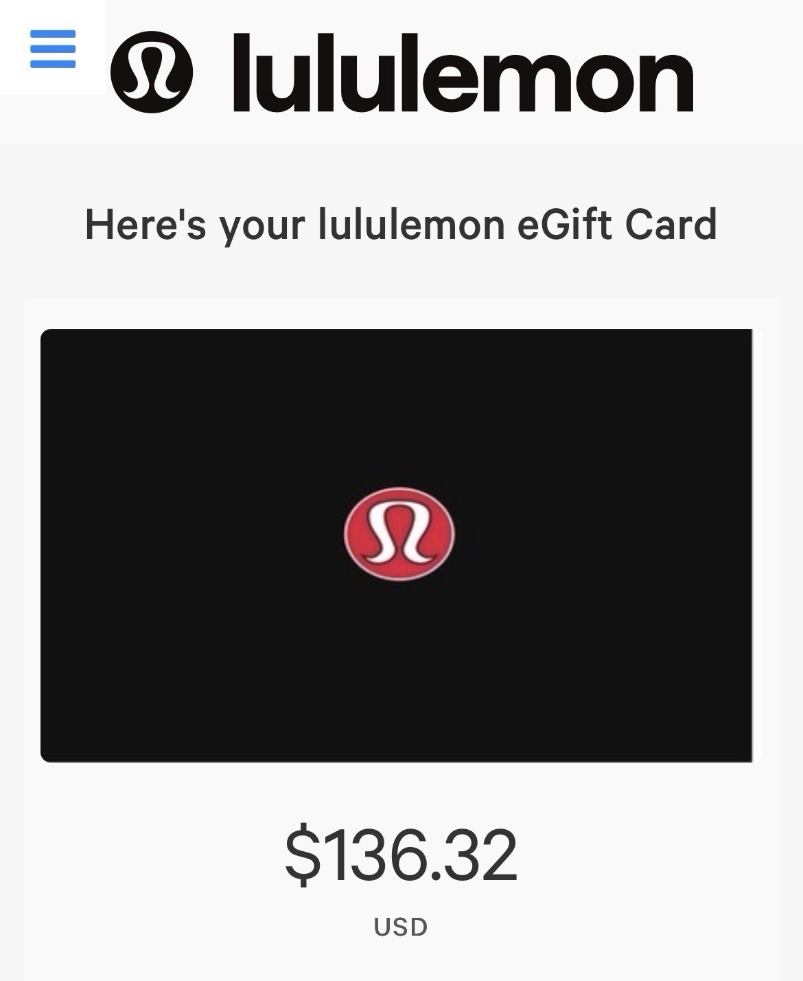 Lululemon $136.32 e-Gift Card (NOT PHYSICAL))!!!