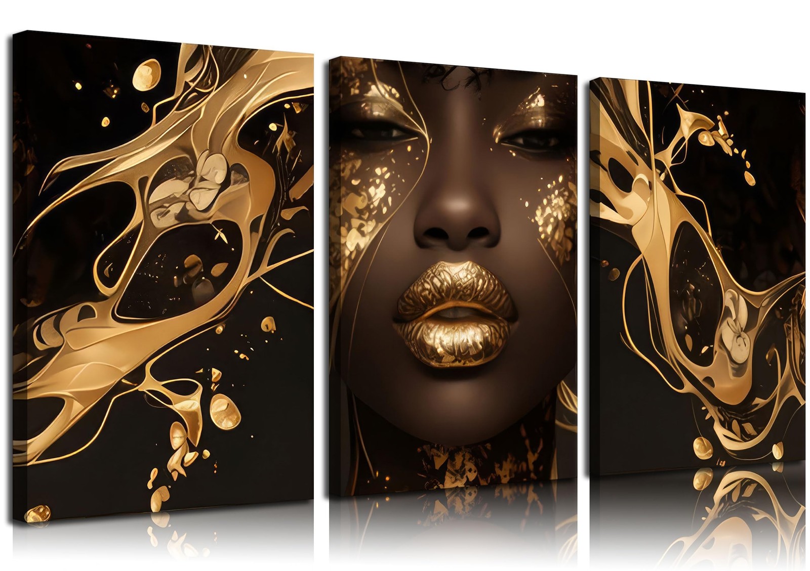 3 Pcs Black Gold Woman Canvas Wall Art African American Black Girl Wall Decor...