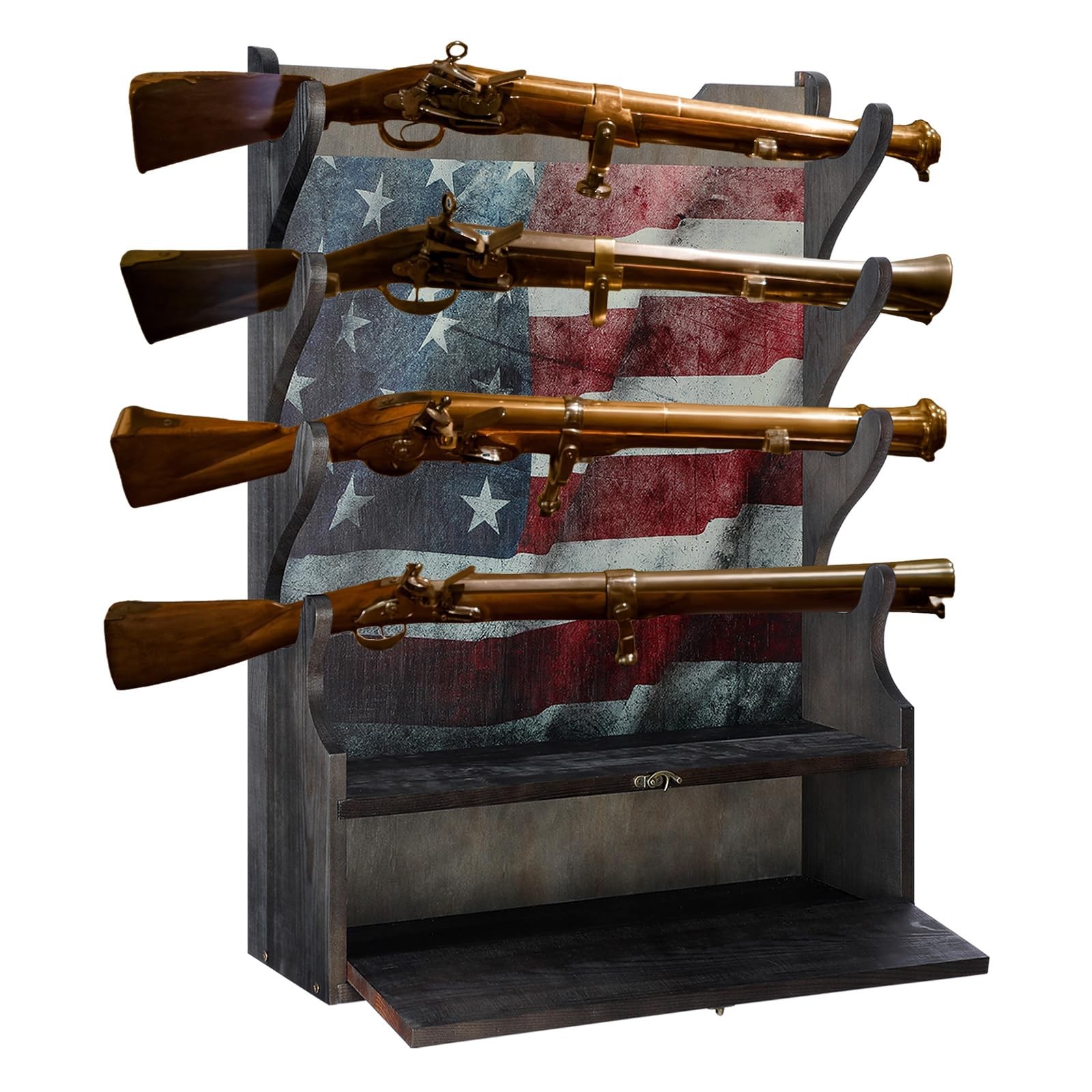 Four Gun Wooden Gun Display Rack with Cabinet Storage Compartment and Soft Pa...