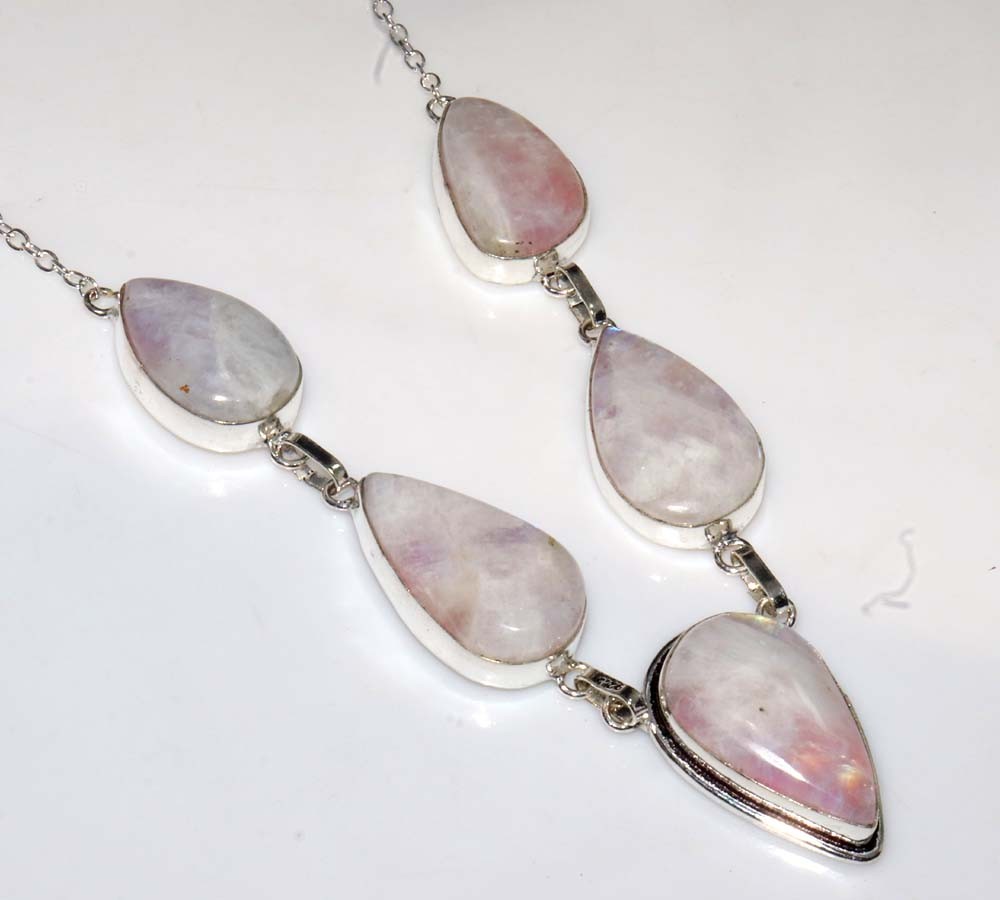 Decent Pink Flash Moonstone 925 Silver Plated Necklace 18" Bridesmaid Gift JW