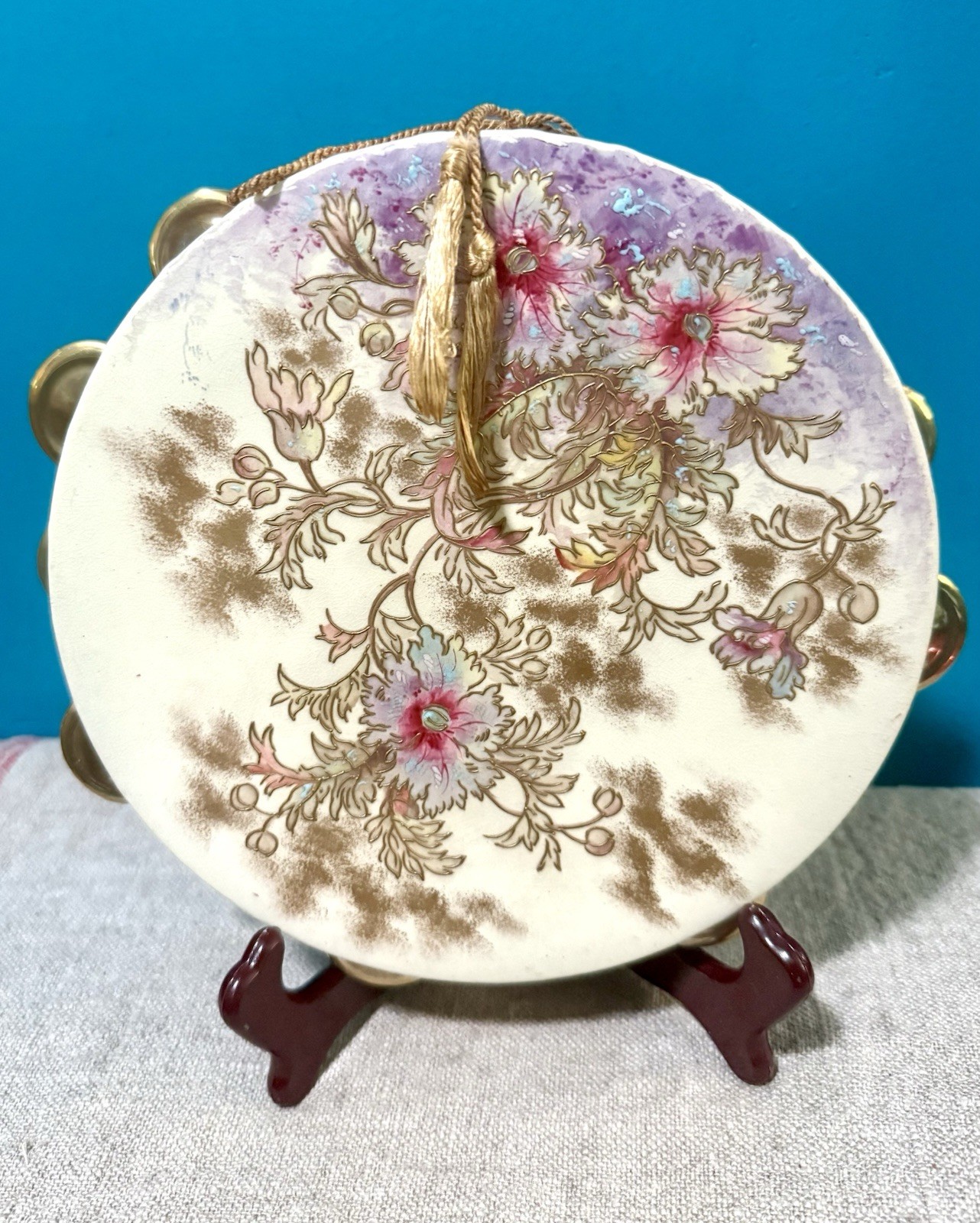 Rare OLD HALL ( British) Ceramic TAMBOURINE Transferware EUC 1890s Floral