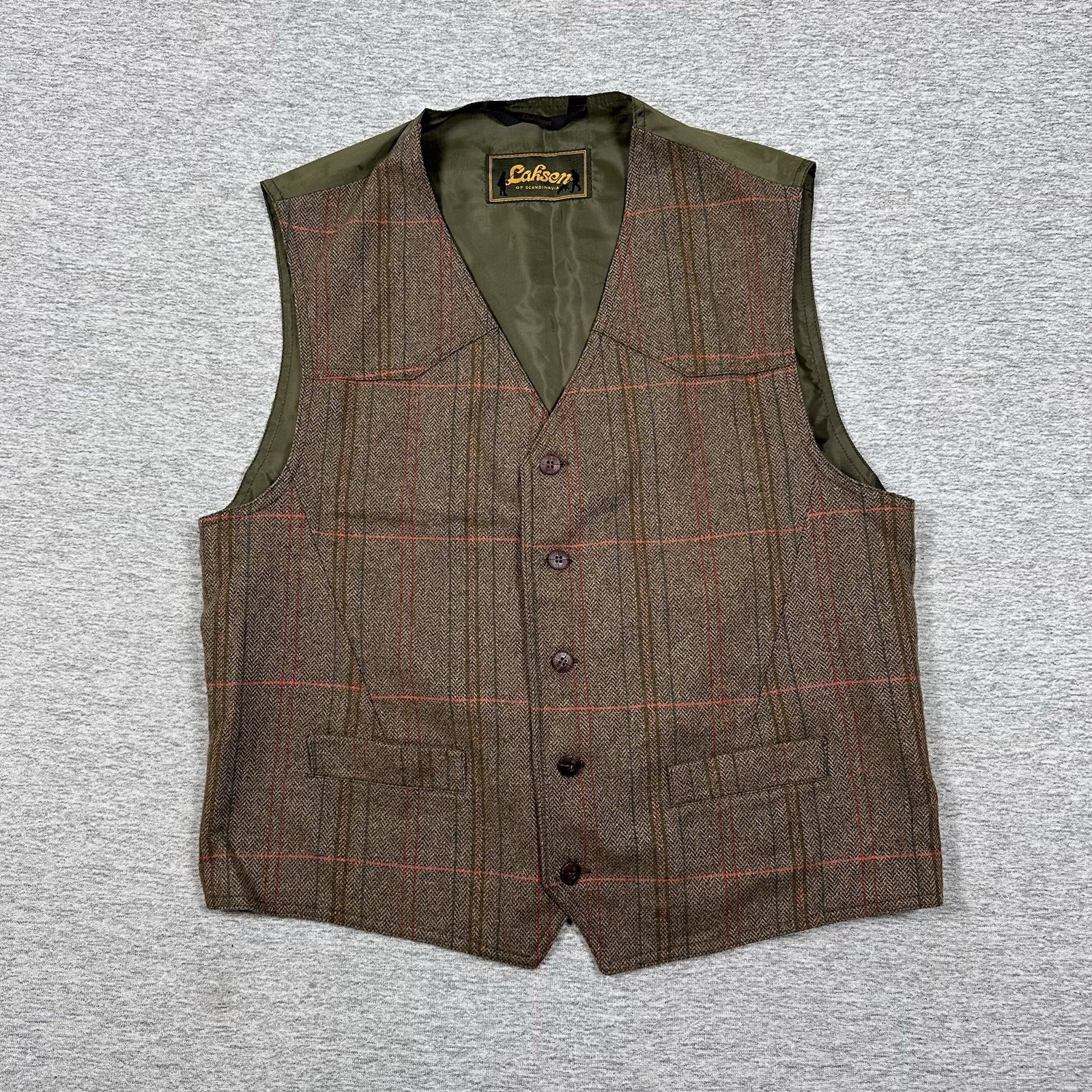 Laksen Vest Mens Size Large Green Brown Wool Blend Button Front Outdoor