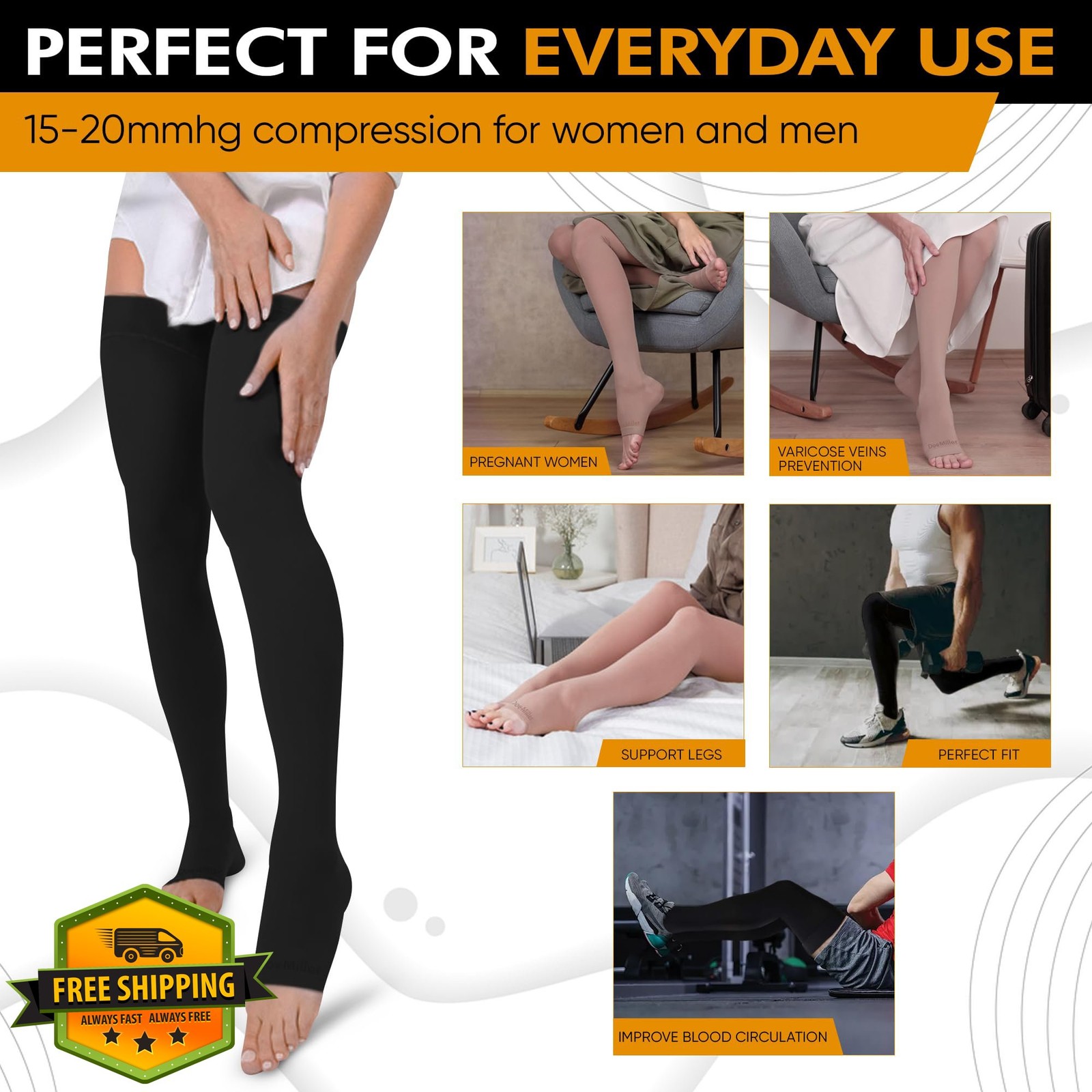 Doc Miller Thigh High Compression Stockings 15-20mmHg, Open Toe, Varicose Vei...