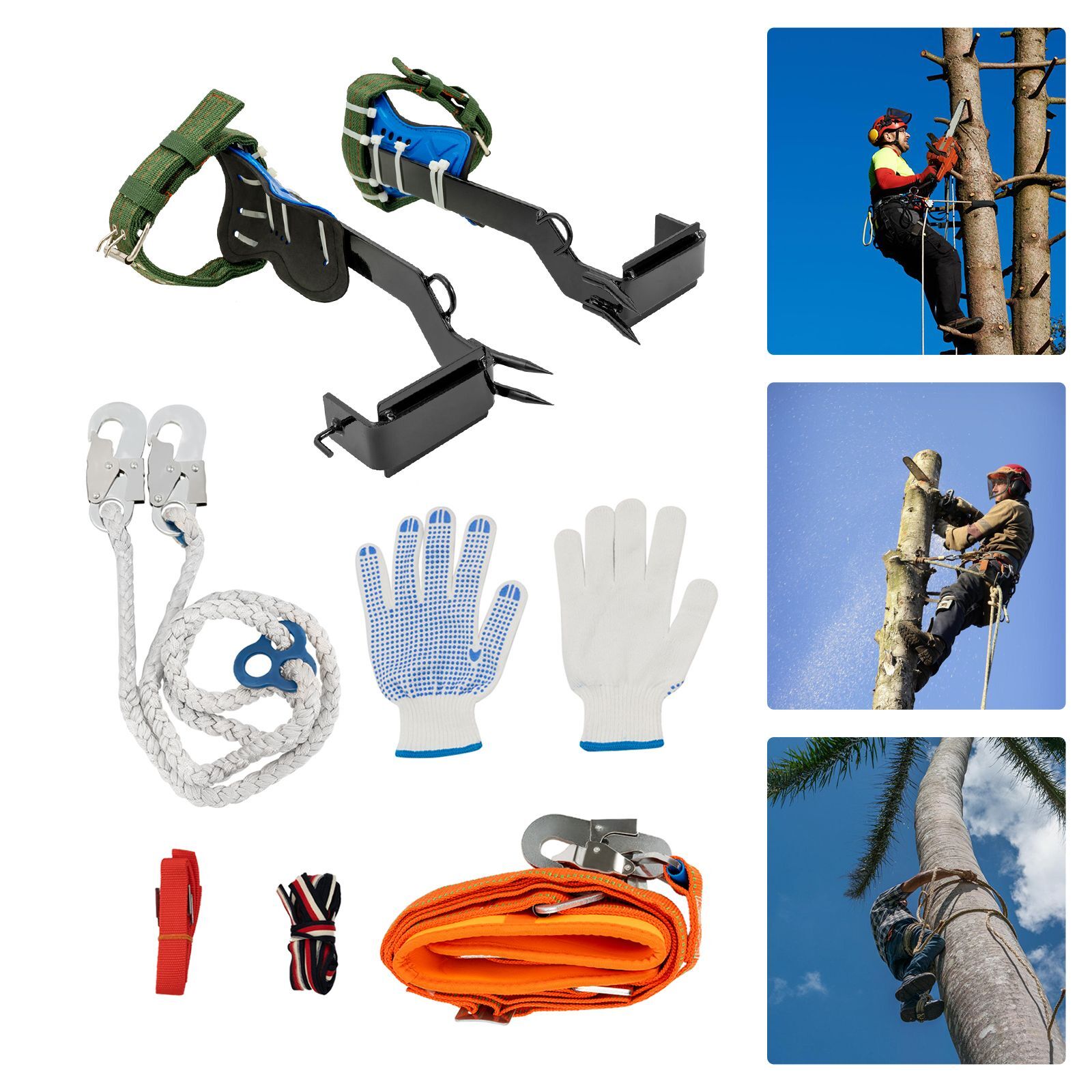 Adjust Tree/Pole Climbing Spike Set 2 Gear Safety Belt Rope Lanyard w/ Carabiner
