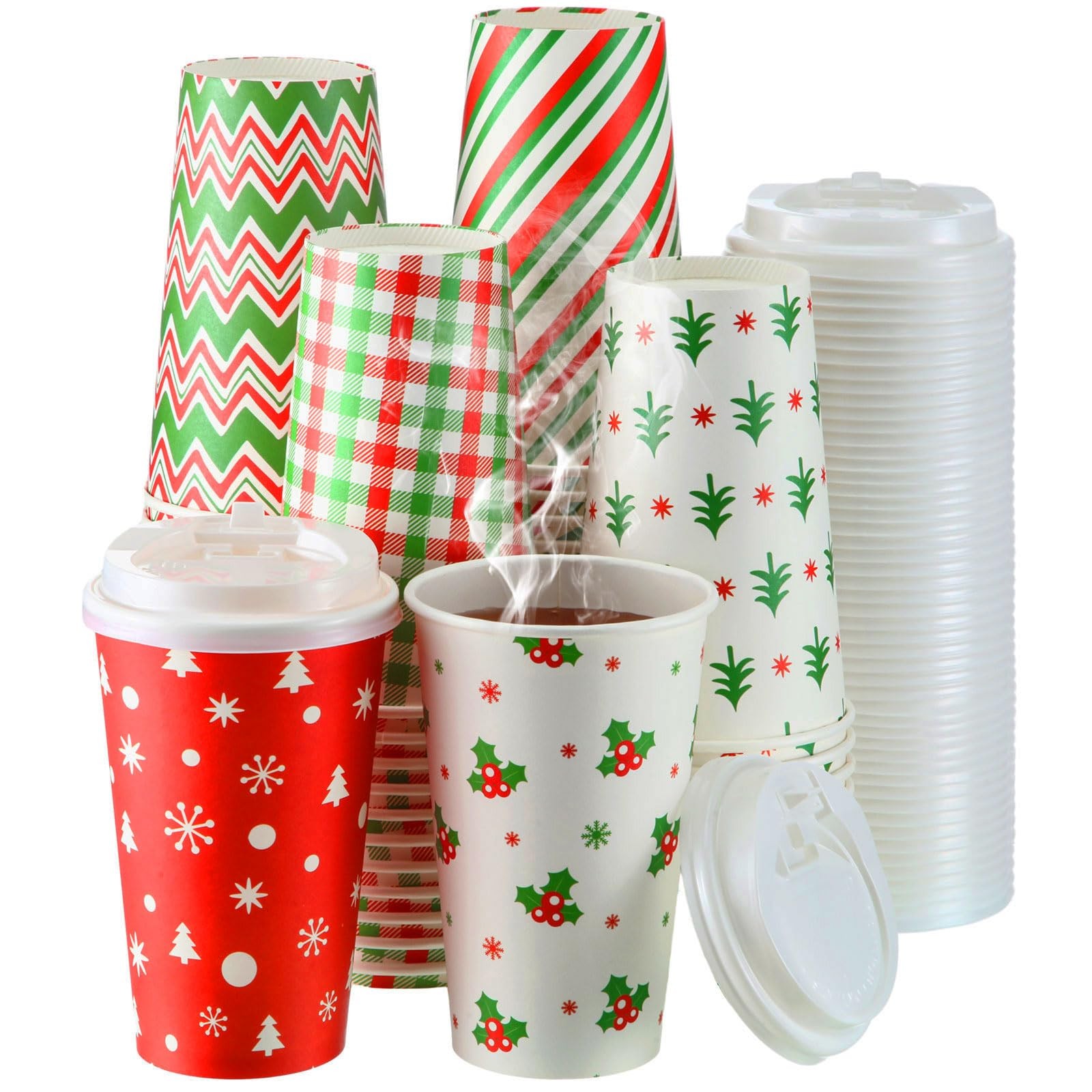 Sliner 120 Pcs Disposable Coffee Cups 16 oz with Lids Holiday Hot Cold Bevera...