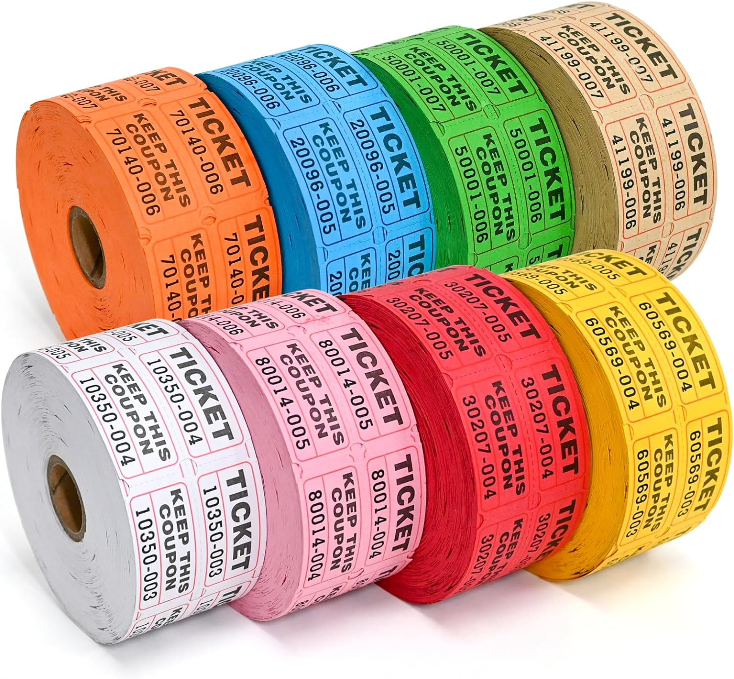 Multicolor Raffle Tickets - 8000 Tickets (8 Double Rolls of 1000 Tickets Each), 