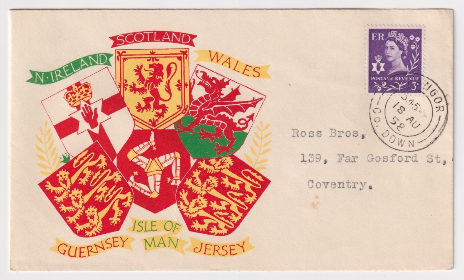 Northern Ireland 1958 3d illustrated first day cover Bangor CDS GB regional