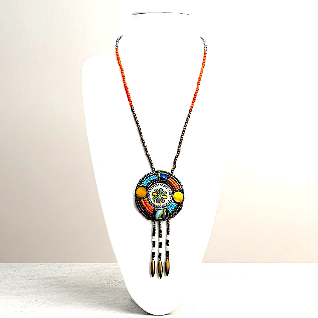 Vintage Blue Seed Bead Necklace MOP Mother of Pearl Art Glass Pendant 24" SW