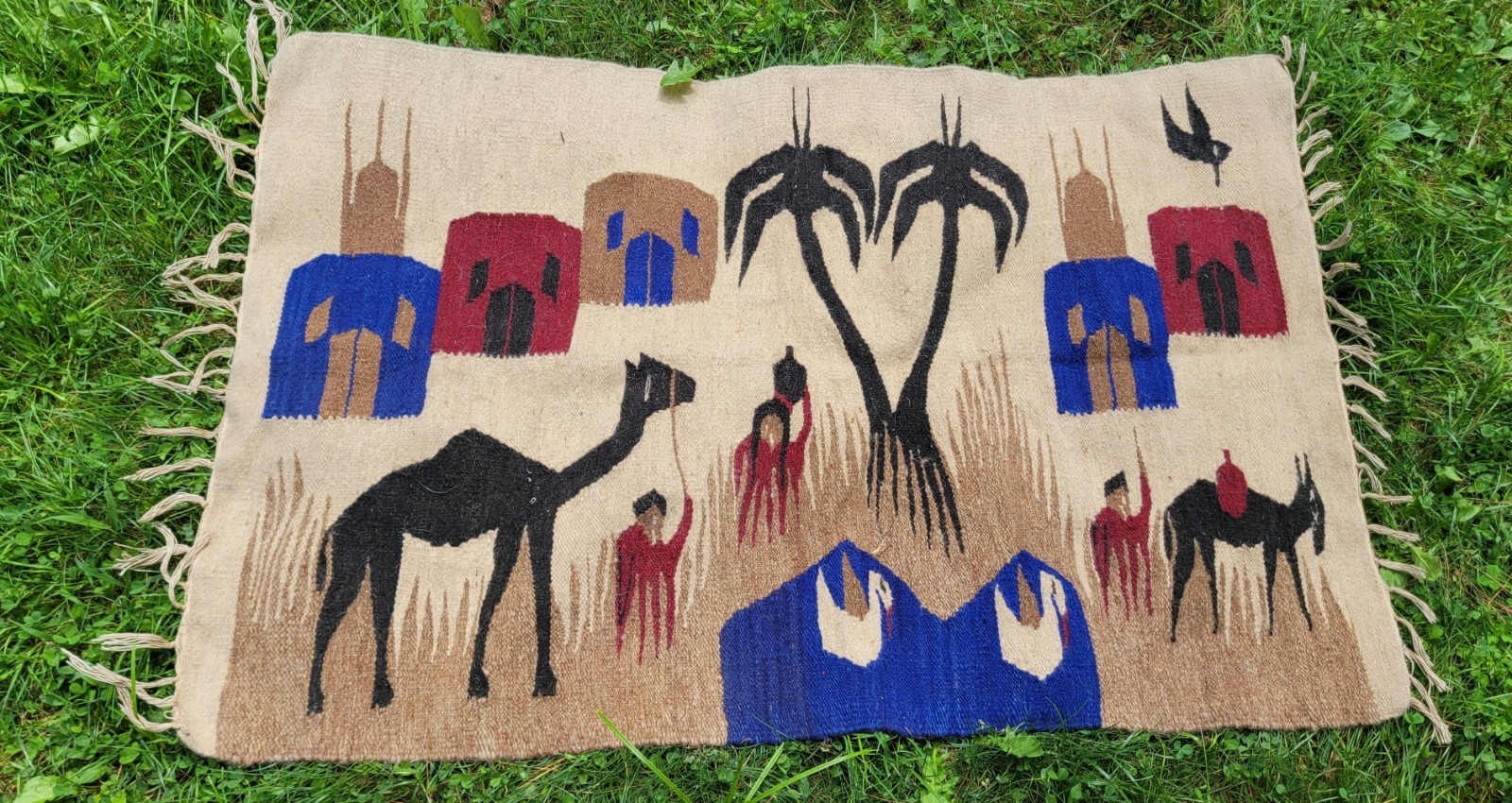 Vintage Hand Woven Egyptian Tapestry Wool Throw Rug Pictorial Tag Rare TutKilim 