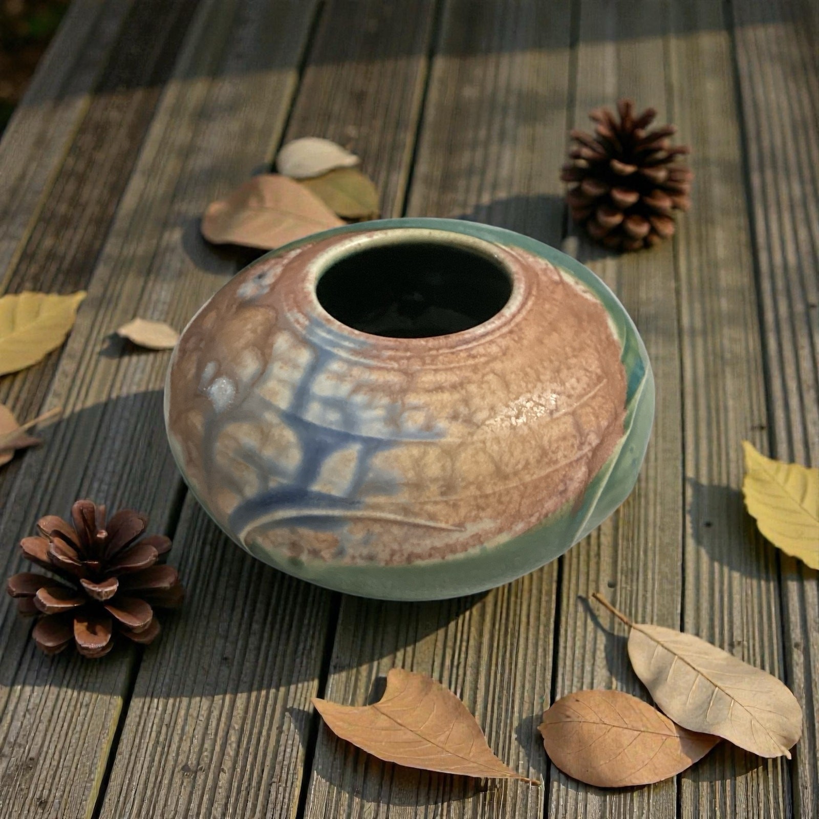 Handmade Studio Pottery Flower Frog multicolor glaze signed  