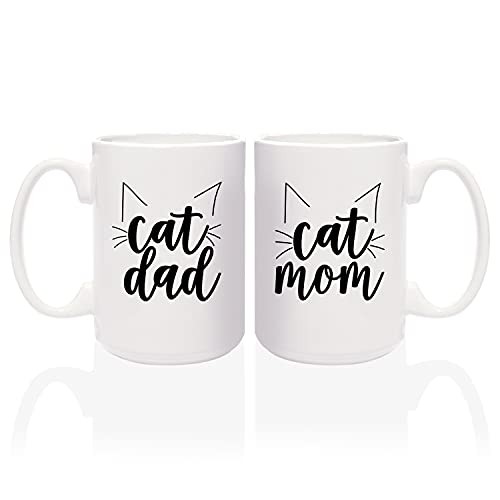  Cat Dad Cat Mom Matching Mugs / 2 Jumbo 15 Ounce White Ceramic Cat Parents