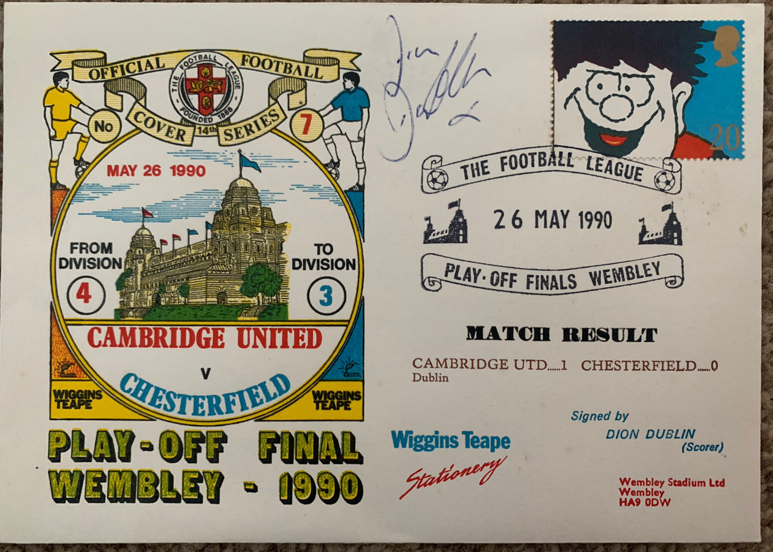 CAMBRIDGE UNITED V CHESTERFIELD 1990 DAWN FIRST DAY COVER SIGNED BY DION DUBLIN