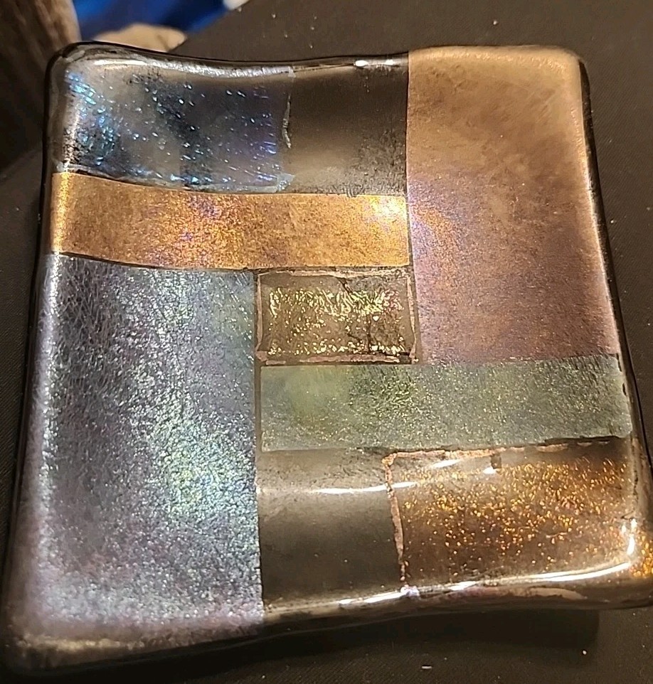 Fused Dichroic Art Glass Iridescent Accent Tray Decor Art Glass Signed 