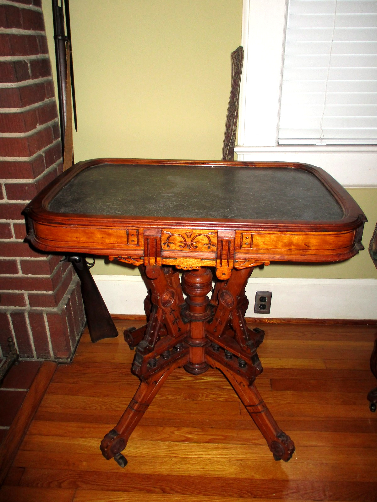 SUPERB! Antique Victorian Cherry Wood Ornate Black Inset Marble Top Parlor Table