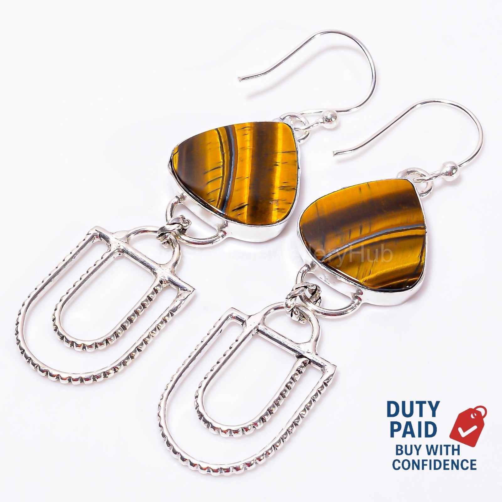 Genuine Tiger Eye 925 Silver Handcrafted Daughter Drop Hook Art Deco Earrings