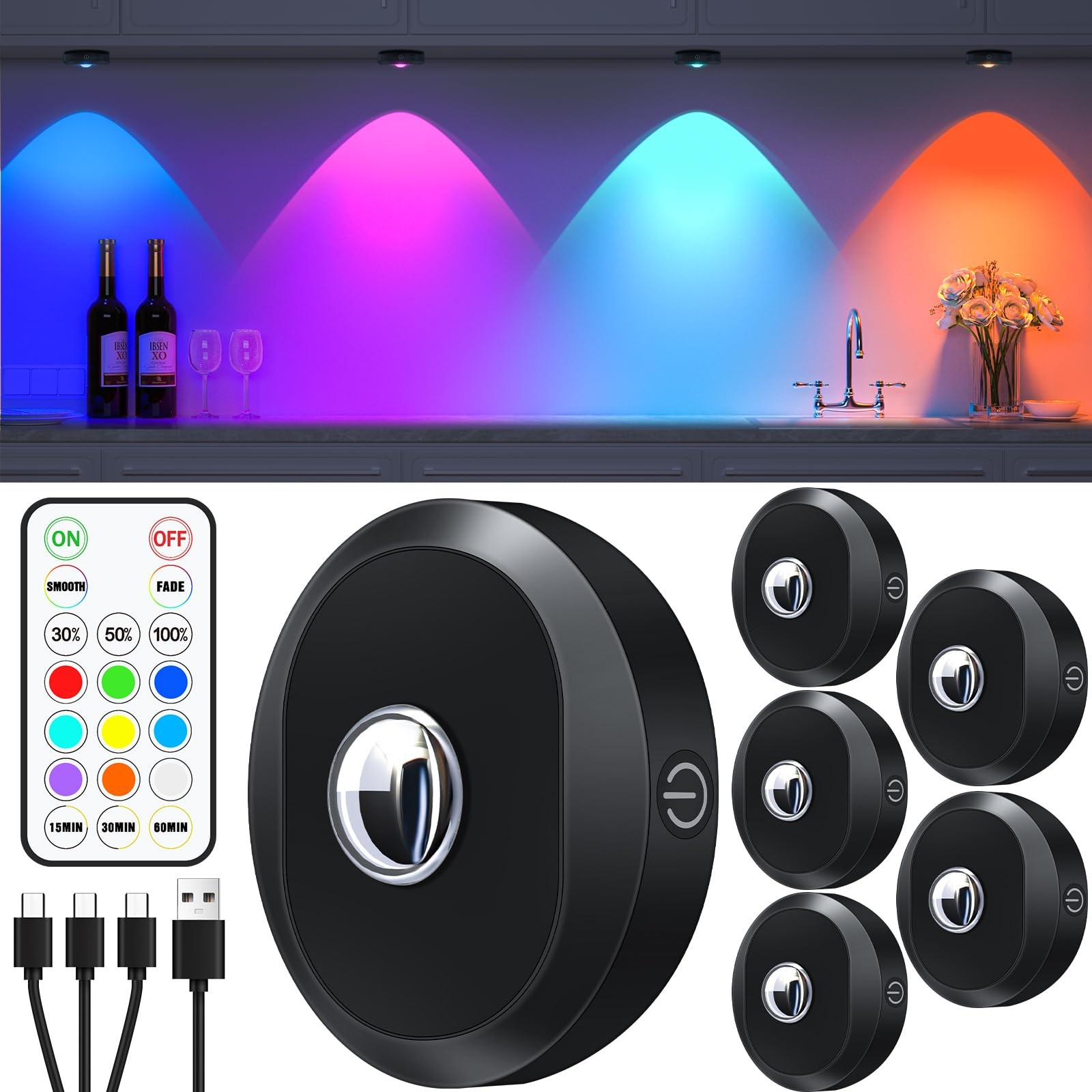 WILLED Rechargeable RGB Puck Lights with Remote multicolor, Black 