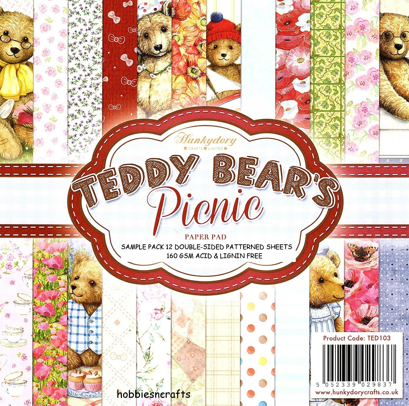 Teddy Ours Pique-Nique Hunkydory 8 x 8 Échantillon Paquet Papier TED103