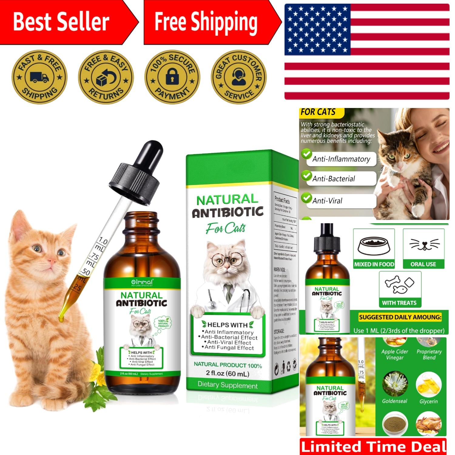 Chicken Flavor Natural Antibiotic for Cats - 2 Fl Oz Drops for Digestive Support