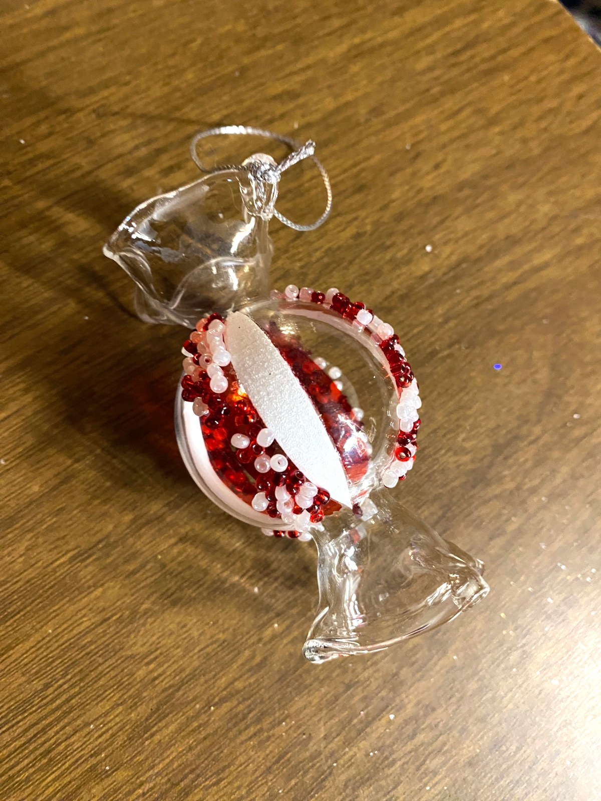 Clear Blown Glass Piece of Candy in Wrapper Bead Detail Christmas Ornament 3.5"
